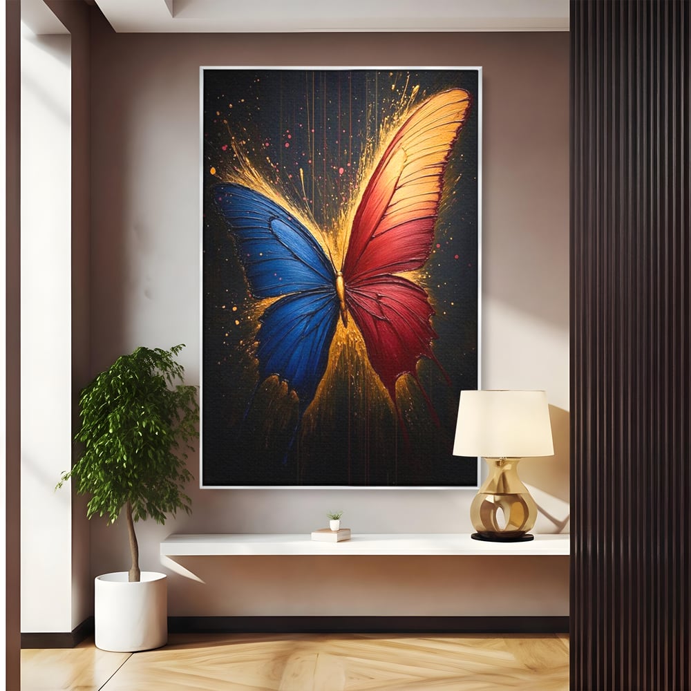 Tablou canvas cu tablou canvas cu fluture colorat, in rama de aluminiu argintiu